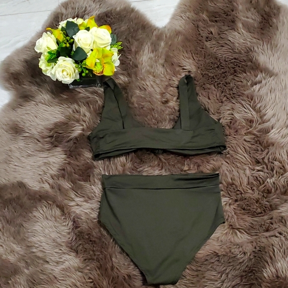 Olive Green High Waisted Bikini Tie Knot Two Piece Bathing Suits - Picture 2 of 3